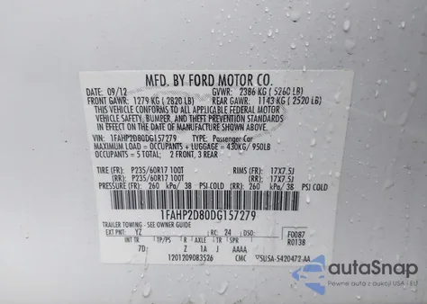 2013 Ford Taurus Se z USA, uszkodzony, nr VIN 1FAHP2D80DG157279